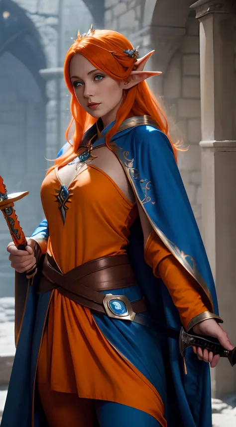 Female eladrin in blue robes and orange hair one ear amd a longsword in her hand