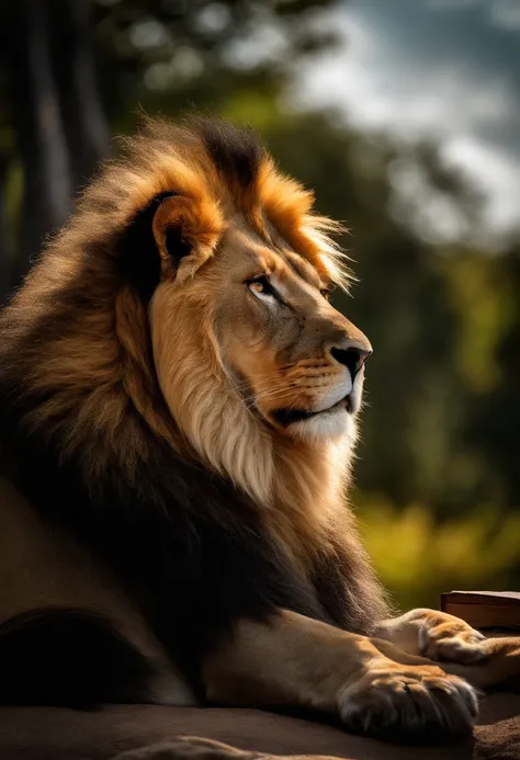 face of a lion imposing the king of the forest, with a holy bible in his paws

(master part: 1.5) (fotorrealista: 1.1) (Bokeh) (best quality) (textura detalhada da pele poros cabelo: 1.1) (intrincado) (8k) (HDR) (papel de parede) (Cinematic lighting) (foco...