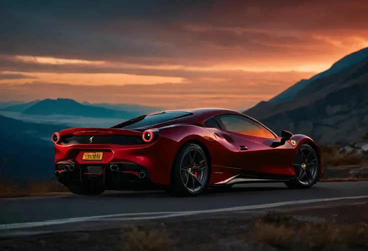 (Best quality, 8k, Masterpiece :1.2), hyper realistic, cyberpunk, at a mountain, an detailed red Ferrari 488, skyscrapers in the background, at night, The front of the car is facing the audience,