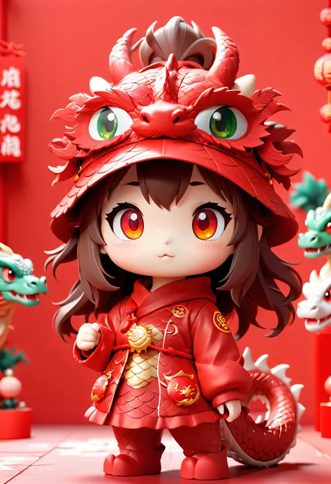 Super cute girl with Chinese dragon hat, Bright eyes, Red Wall, Pop Mart blind box, 3D rendering of，Furry