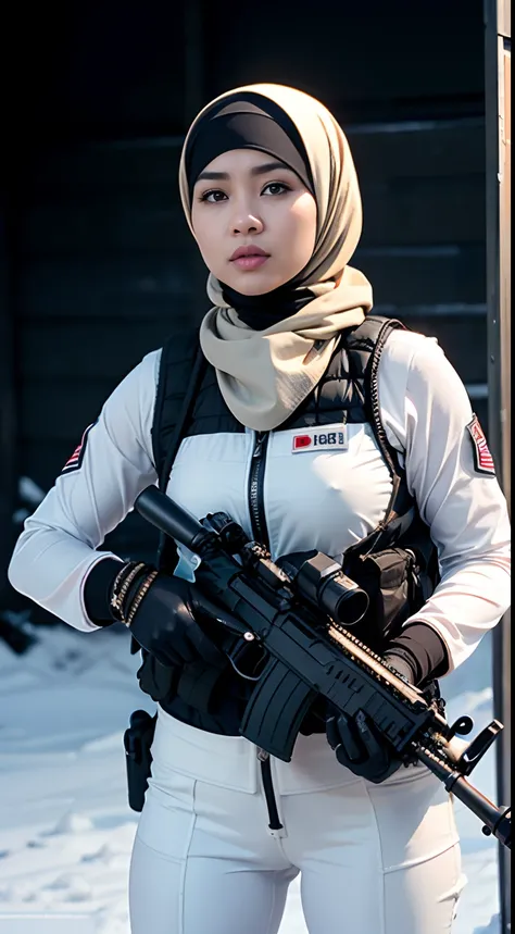 Photorealistic, high resolution, 1 malay woman in hijab, Solo, Hips up, Snow background，view the viewer, (Detailed face), White hijab, SWAT vests, sniper rifle handle, Black military uniform, bulletproof vest, Holding an assault rifle, M16, Inside the city...