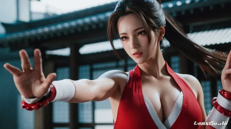 Mai Shiranui, rosto delicado, olhos castanhos claros, maquiagem oriental