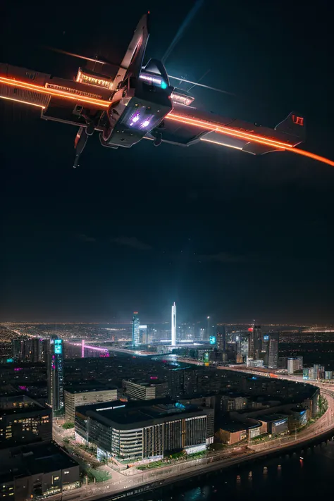 Aerial shots of a modern city with futuristic elements like flying cars, neon lights, and holographic billboards.