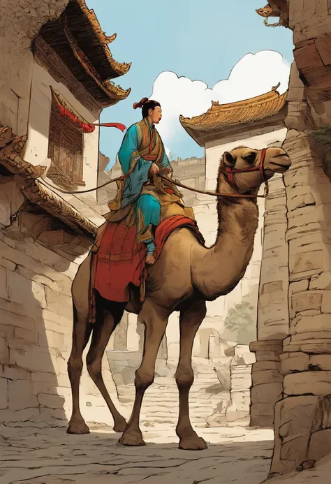 Chinese comics, The comic story is presented in multiple irregular colored panels..Ancient buildings.A man rides on a camel.Many people saw him off.The style is exaggerated and meticulous