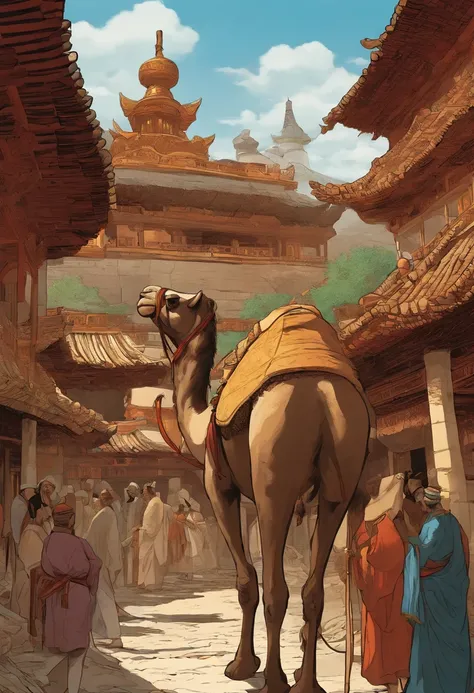 Chinese comics, The comic story is presented in multiple irregular colored panels..Ancient buildings.A man rides on a camel.Many people saw him off.The style is exaggerated and meticulous