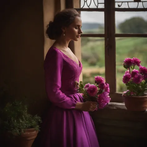 Against the backdrop of a dramatic and emotional scene, A woman gracefully leans on a windowsill, Bathed in shades of dark pink and violet. The scene is captured through the lens of a Tokina Opera 50mm f/1.4 FF, Depiction of a photorealistic painting that ...