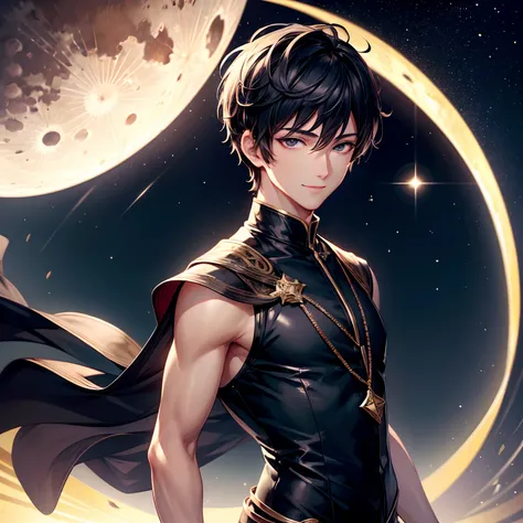 (high resolution, 8k), (adult male:1.2), black short hair, hazelnut eyes, beautiful detailed black eyes, confident smile, confident gaze, moonlit night, anime style, calm evening, glowing stars, tranquil atmosphere, gentle breeze, elegant posture, stylish ...