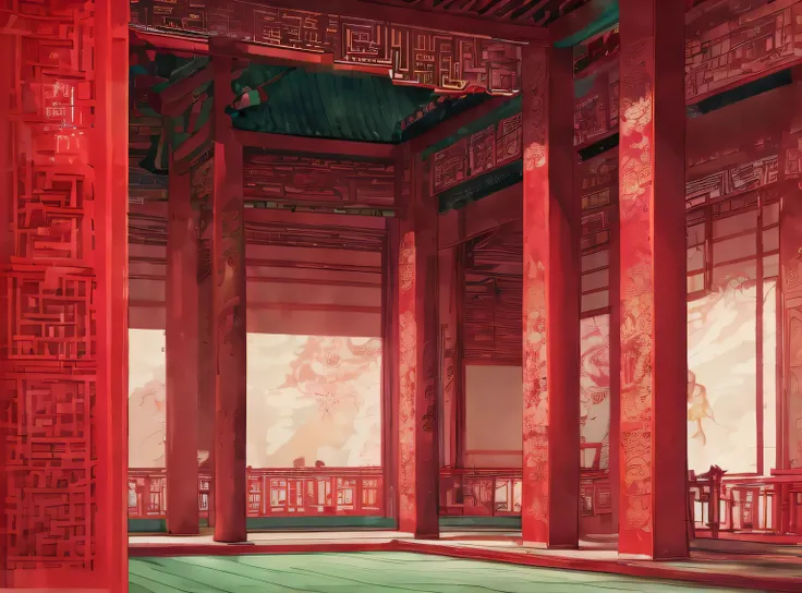 There was a red room，Red pillars and green floor, palace background, Anime background art, background depicting a temple, Beautiful rendering of the Tang Dynasty, Chinese palaces, with ancient chinese aesthetic, interior background art, Palace ， A temple b...