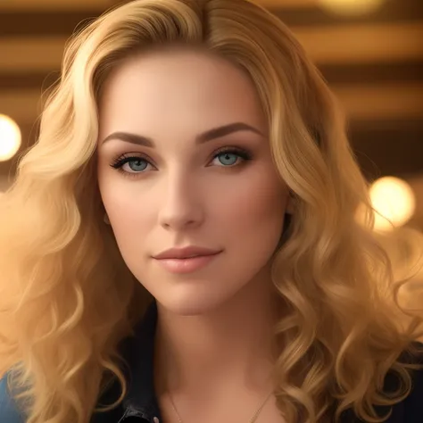 An American blonde woman with curly blonde hair and whiskey brown eyes.