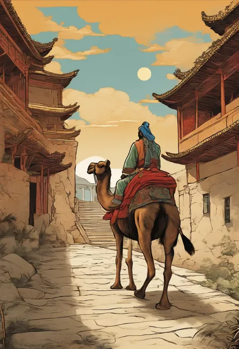 American splicing comics, The comic story is presented in multiple irregular colored panels..Ancient Chinese-style buildings.A man rides on a camel.Many people saw him off.The style is exaggerated and meticulous，Horizontal composition