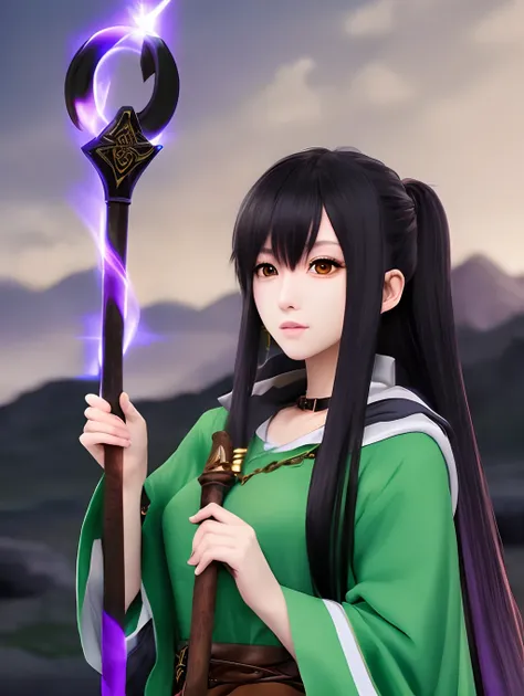 A druid with black hair and green clothes holding a staff and in the other hand using healing magic all this in an anime rpg style