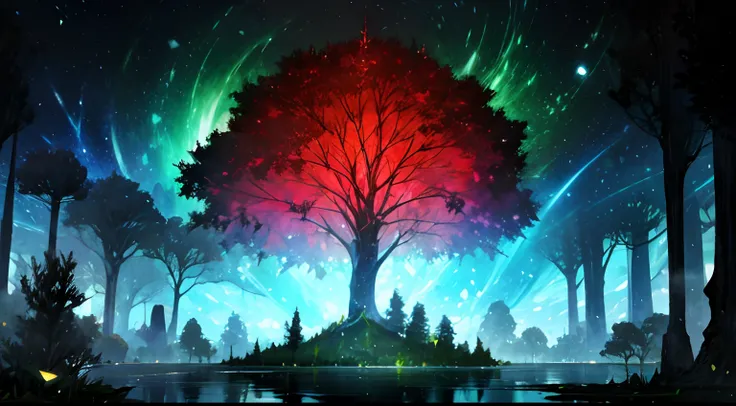 arbol gigante, bosque denso, multicolor, escenario de fantasia