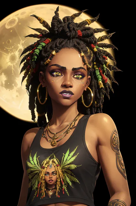 arcane style, t-shirt art, ebony girl, Rastafarian dreadlocks, golden eyes, ((smokey background :1, 5)), vector, vivid colors, stoner girl rasta outfit character, masterpiece, best quality, intricate details, perfect symmetrical face, realistic details, go...