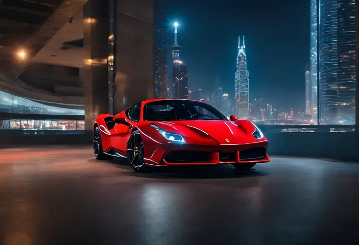 (Best quality, 8k, Masterpiece :1.2), hyper realistic, cyberpunk, at a mountain, an detailed red Ferrari 488, (Facing the audience), The blue skyscraper in the background, at night,