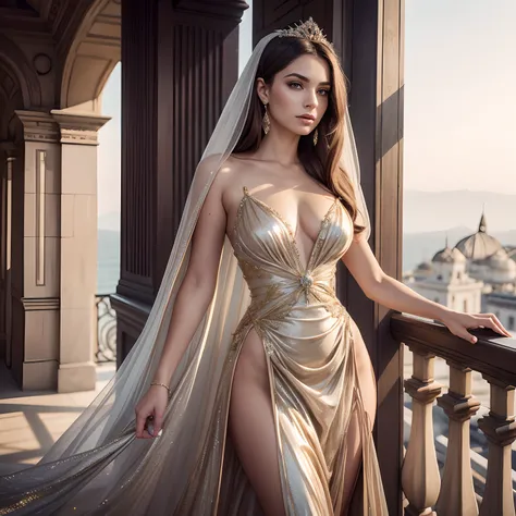 Realistic portrait of woman in a silver and gold dress standing on a balcony, bela arte digital, deusa bonita, ethereal beauty, pose elegante e deslumbrante, bela arte de fantasia, vestido sexy, karol bak uhd, Flowing dress, vestido de fantasia, mulher da ...