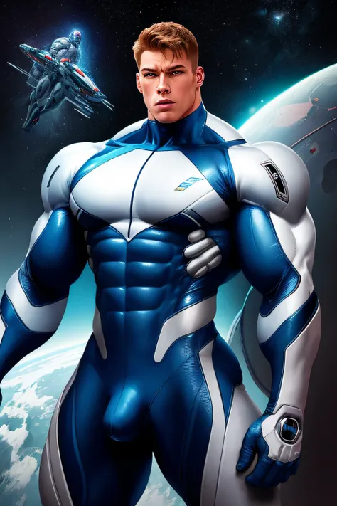 Cyborg hero, bodysuit, muscular, handsome man, covered erect, covered abs, bodybuilder, huge, superbodybuilder. muscle morph, hunk pecs, spaceship bulge in the crotch.