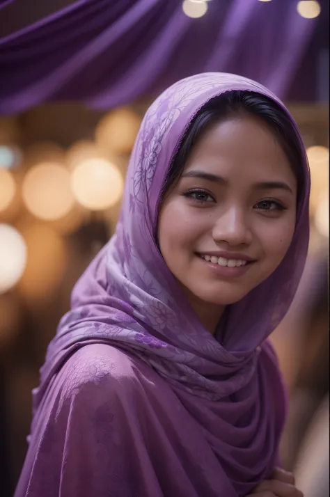 Portrait photo of a young malay girl, (laughing:0.7), (mira filzah face), ((mirafilzah)), malaysian, posing, look at a camera, full body, perfect body, skinny, small breast, purple color hijab, wearing purple color floral cotton underwear, purple bra and p...