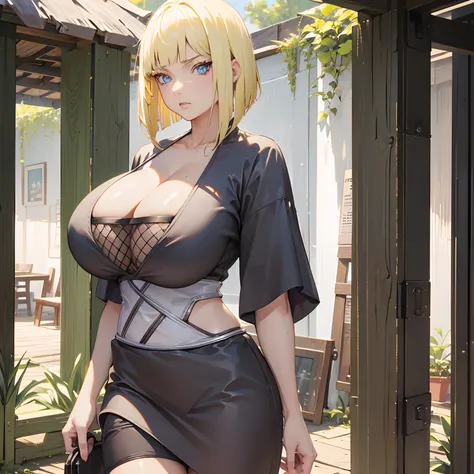 (huge tits), busty, masterpiece, best quality, samui, black kimono, cleavage, vambraces, cowboy shot, looking at viewer, emotionless, blonde hair, blue eyes, 1 woman, small waist, mini skirt, milf, mature woman, hyper breasts, short hair