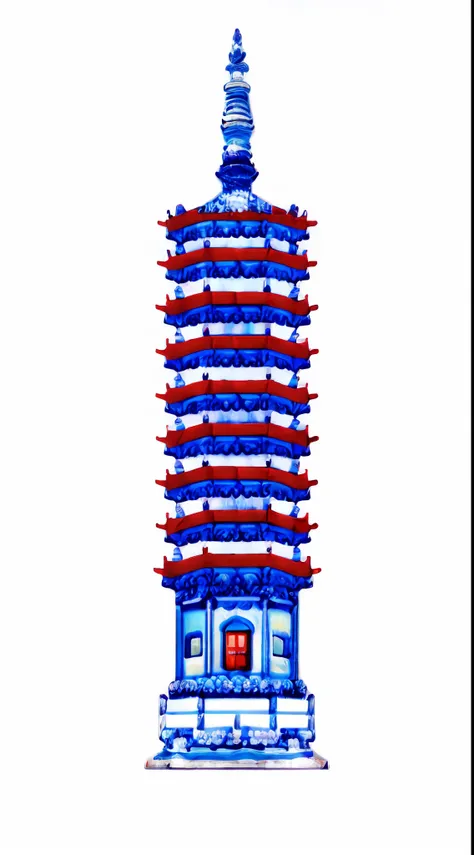 No background，Chinese style buildings, Inspired by blue and white glaze red open appliqué lid jars, Chinese palaces, Full view, The traditional color scheme is white, blue and red，Blue and white porcelain，Glaze red，White porcelain effect