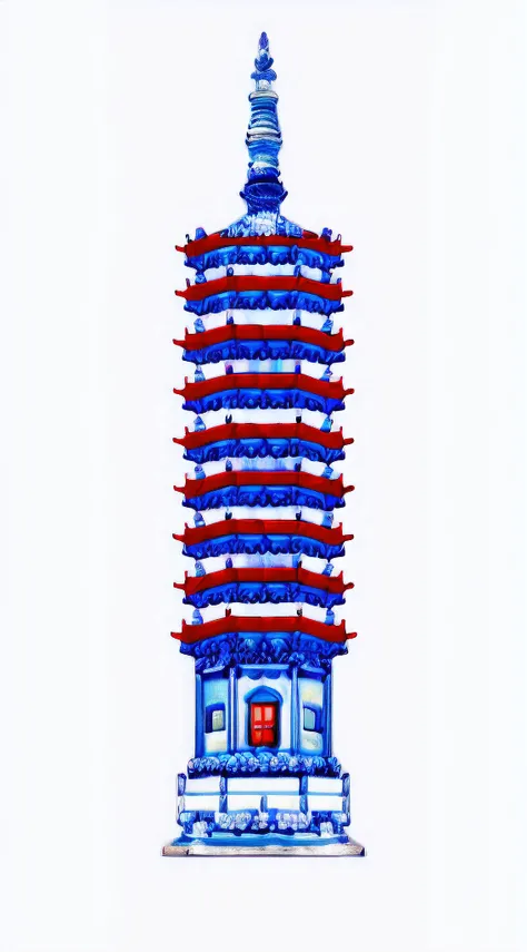 No background，Chinese style buildings, Inspired by blue and white glaze red open appliqué lid jars, Chinese palaces, Full view, The traditional color scheme is white, blue and red，Blue and white porcelain，Glaze red，White porcelain effect