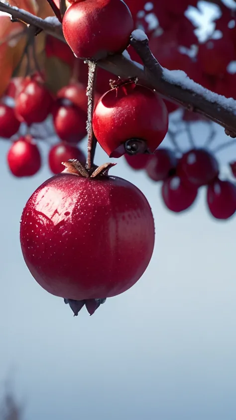 On a frozen branch grew a red pomegranate，The pomegranate has frost on it，Early winter weather，Orchard background，Blur hazy background，