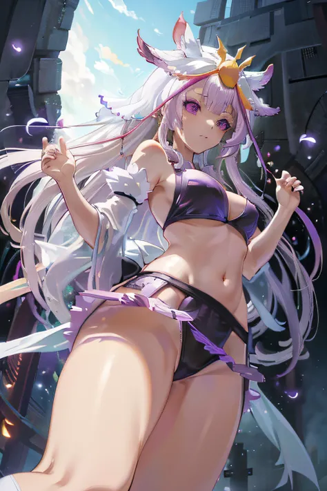 masterpiece, best quality, absurd Res, perfect anatomy, simple background, (((front views))), (((from below))), Mori Base, white long hair, (((larger breasts:0.9))), veil, hair ornament, white high socks, black geta, (((Purple side string bikini))), single...