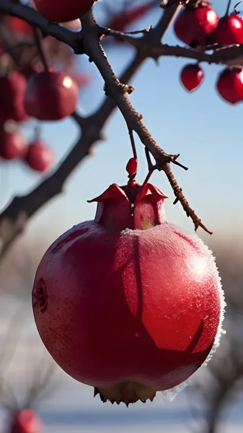 On the frozen branches grow red pomegranates，There is frost on the pomegranate，Early winter weather，Orchard background，Blur hazy background，