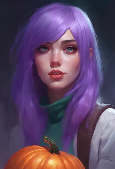 a close up of a woman in a costume with purple hair and purple glowing eyes, glowing green pumpkins, lois van baarle and rossdraws, artgerm and lois van baarle, artgerm and rossdraws, rossdraws cartoon vibrant, beautiful succubus, ross tran style, rossdraw...