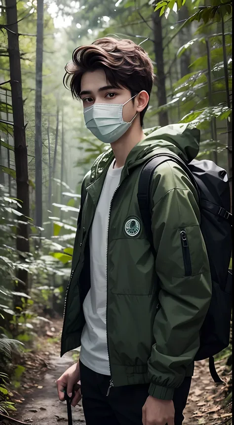 18 year old man, he is wearing a green jacket, he is wearing black trousers, he is wearing white sneakers, he is wearing a mask, he is carrying a backpack, hes in the woods at night, hes carrying a flashlight, very realistic, very detailed