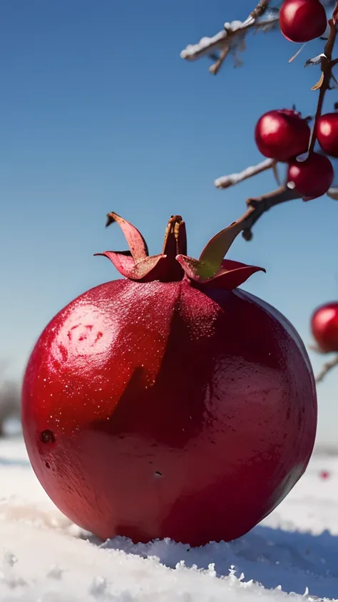 On the frozen branches grow red pomegranates，There is frost on the pomegranate，Early winter weather，Orchard background，Blur hazy background，