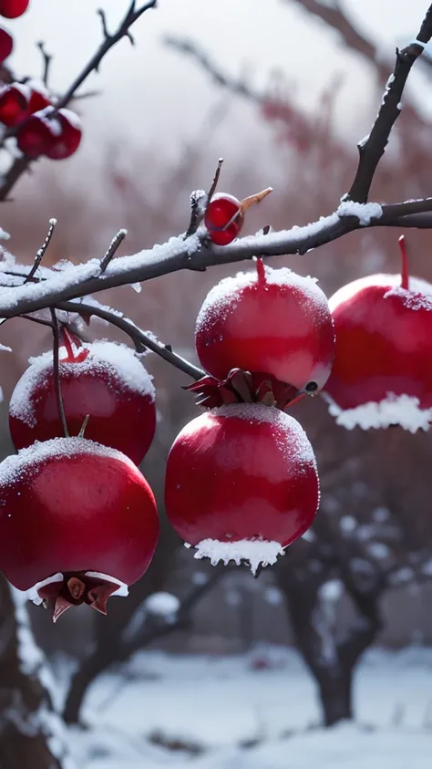 On the frozen branches grow red pomegranates，There is frost on the pomegranate，Early winter weather，Orchard background，Blur hazy background，