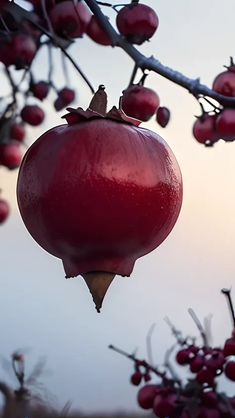 On the frozen branches grow red pomegranates，There is frost on the pomegranate，Early winter weather，Orchard background，Blur hazy background，