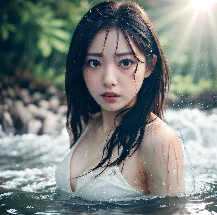 Symmetry, High Detail RAW color photo Professional close-up, [:( High Detail Face: 1.2): 0.1], (PureErosFace_V1: 0.8), double tail, half body, pores, realistic skin, bust focus, directly above, 18 under waterfall old woman, touching water, rippling, clear ...