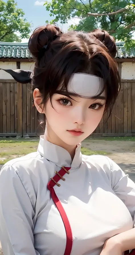 Real life adaption of this character, Korean teen beauty face,looking to viewer,realistic same hair , realistic headband,realistic background, hyper realistic, realistic light, realistic shadow, realism,(photorealistic:1.2), (realistic same outfit)