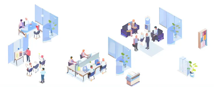 A group of people standing at a table with laptops, Detailed 2D illustration, isometric illustration, Flat illustration, Commercial illustration, Isometric style, working in an office, Simple illustration, in a open-space working space, isometric illustrat...