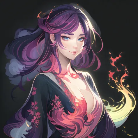 1个giant breast girl，flame mage，gorgeous long dress，bust，独奏，clear facial features，simple line design，transparent black background...