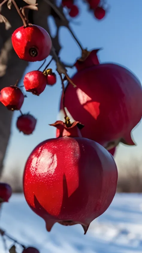 On the frozen branches grow red pomegranates，There is frost on the pomegranate，Early winter weather，Orchard background，Blur hazy background，