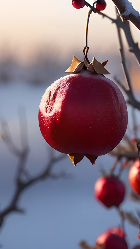 On the frozen branches grow red pomegranates，There is frost on the pomegranate，Early winter weather，Orchard background，Blur hazy background，