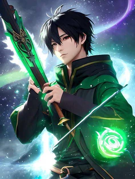 A druid with black hair and green clothes holding a staff and in the other hand using healing magic all this in an anime rpg style