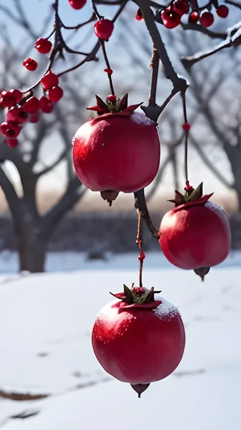 On the frozen branches grow red pomegranates，There is frost on the pomegranate，Early winter weather，Orchard background，Blur hazy background，