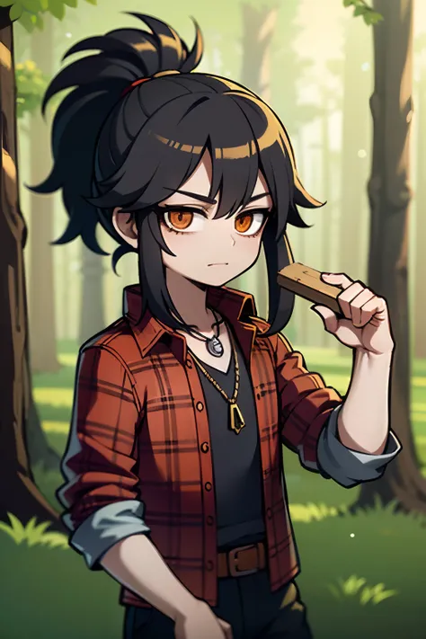 young boy, long hair, ponytail hairstyle, black hair, plaid shirt, lumberjack shirt, brown jacket, indigenous necklace, jeans, in a forest, in a northern forest, tall trees with pointed leaves in the background, white clouds , landscape, 4k, masterpiece