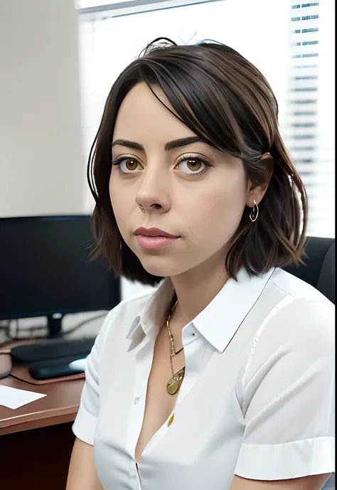 masterpiece, lifelike upper body image of AubreyPlaza, wearing a white blouse, photo realistic, highly detailed, arms folded, detailed face, resting bitch face, dramatic lighting, detailed eyes, sitting behind desk