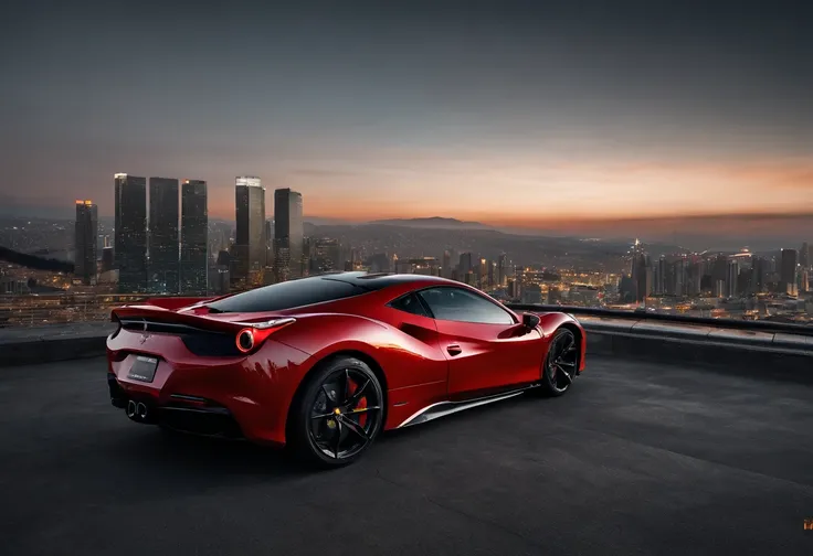 (Best quality, 8k, Masterpiece :1.2), hyper realistic, cyberpunk, at a mountain, an detailed red Ferrari 488, (Facing the audience), The blue skyscraper in the background, at night,