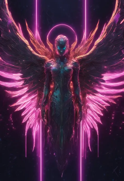 Cosmic Fallen Angel, glowing light eyes, Biomechanical, eerie, Creepy, nightmarish, Very bright colors, Light particles, with light glowing, Mshiv, wallpaper art, UHD wallpaper