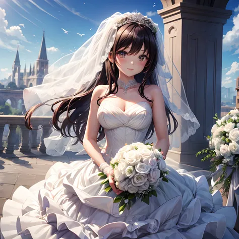 1girll, Masterpiece, A high resolution, Sonic edges_Rias_Grey Mory, ((Wedding dress, chies, Bridal veil, Wedding, Bouquet))