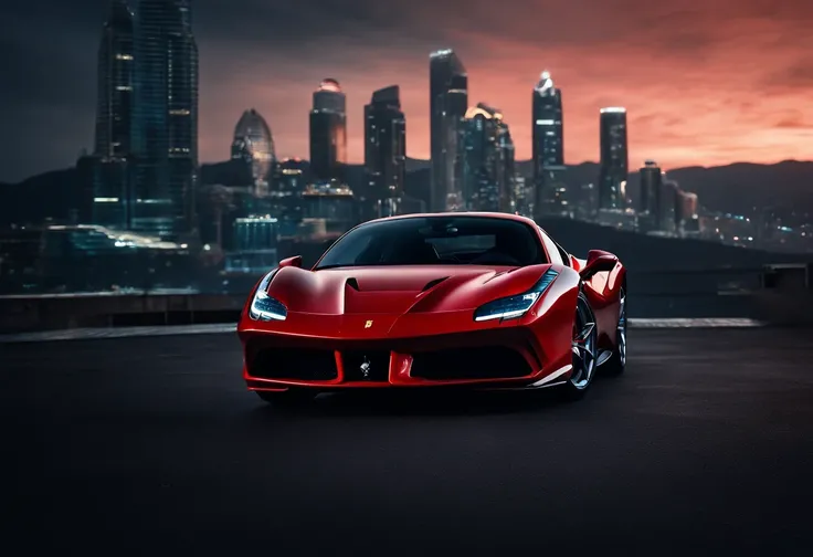 (Best quality, 8k, Masterpiece :1.2), hyper realistic, cyberpunk, at a mountain, an detailed red Ferrari 488, (Facing the audience), The blue skyscraper in the background, at night,