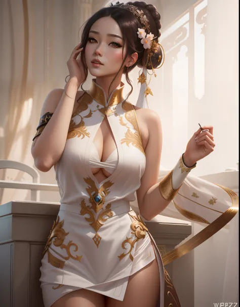 Hay una mujer con un vestido blanco posando para una foto, Tendencias en CGVatstation, WLOP y ROSS Tran, a beautiful empress of fantasy, ((a beautiful empress of fantasy)), Obras de arte al estilo de Guweiz, Impresionante CGsociety, Hermosa y seductora muj...