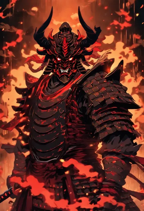 demon with red glowing eyes wearing an ancient japanese shogun armor with helmet standing in a battle stance ready to draw its blade