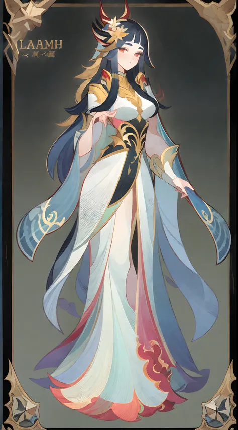 1个giant breast girl，flame mage，gorgeous long dress，standing full-body，独奏，clear facial features，simple line design，transparent bl...