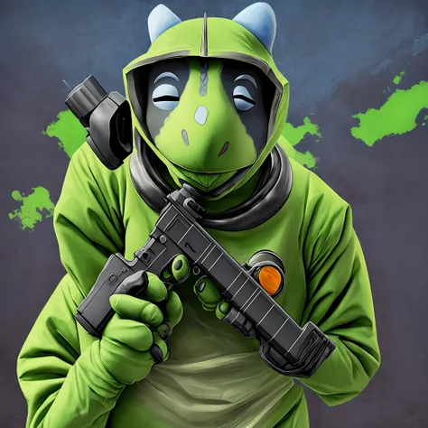 Kermit the frog in a hazmat suit with a gun